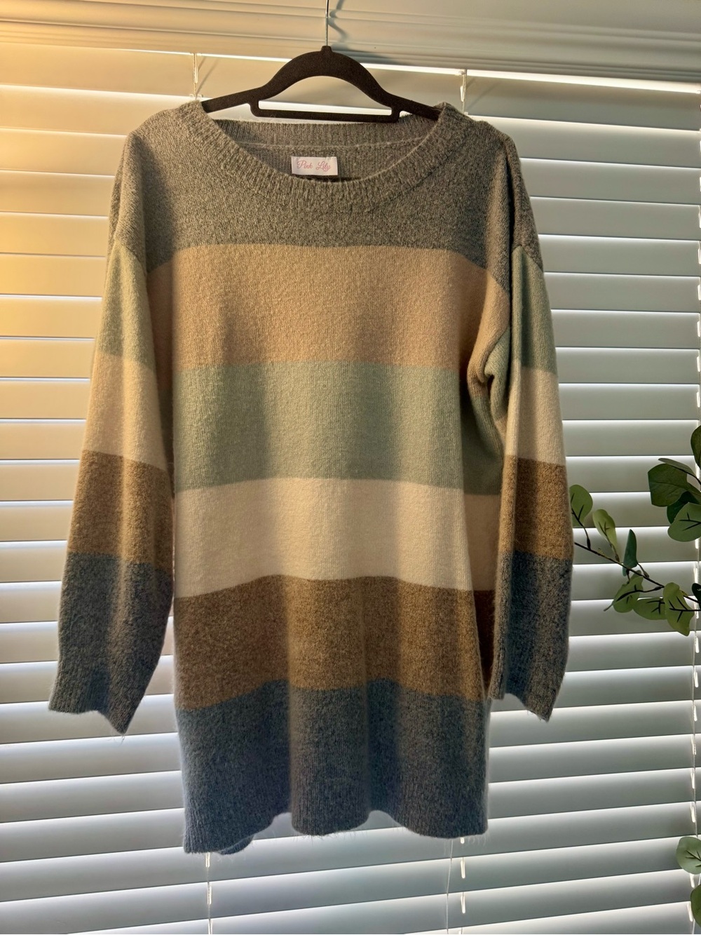 Pink Lily Scoop Neck Striped Sweater in Green, Cream, Tan, Brown, Gray. Medium